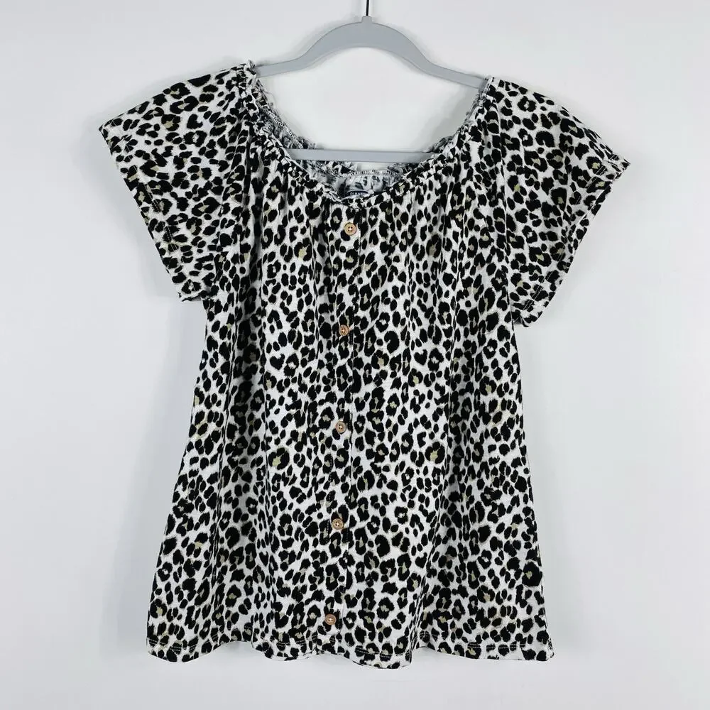 Old Navy Top Girls XL 14 Leopard Print Short Sleeve 100% Cotton